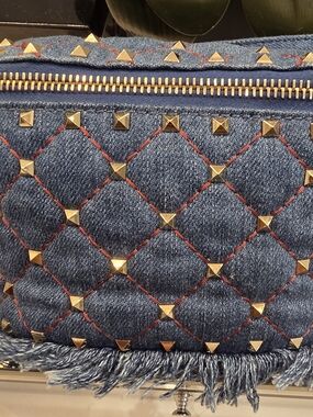 Valentino Garavani Blue Denim Quilted Belt Bag with Gold Studs and Red Stitching